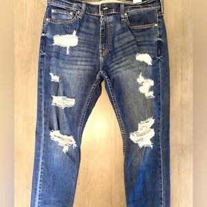 Hollister Men's Ripped Dark Blue Skinny Jeans